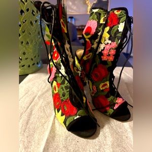 Women Sheer Mesh Peep Toe Lace Up Corset Embroidered Block Heel Ankle Boot